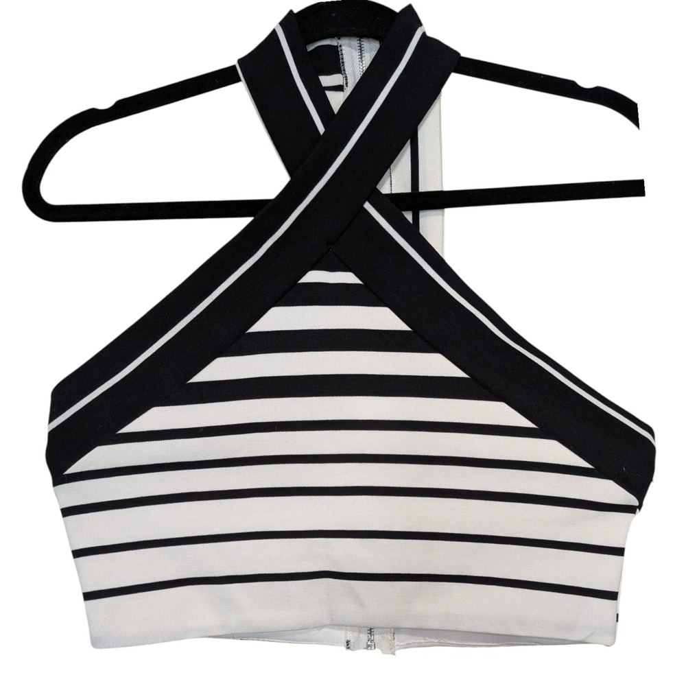Black White Striped Criss Cross Halter Crop Top Y2K Preppy Zip Back Size Medium